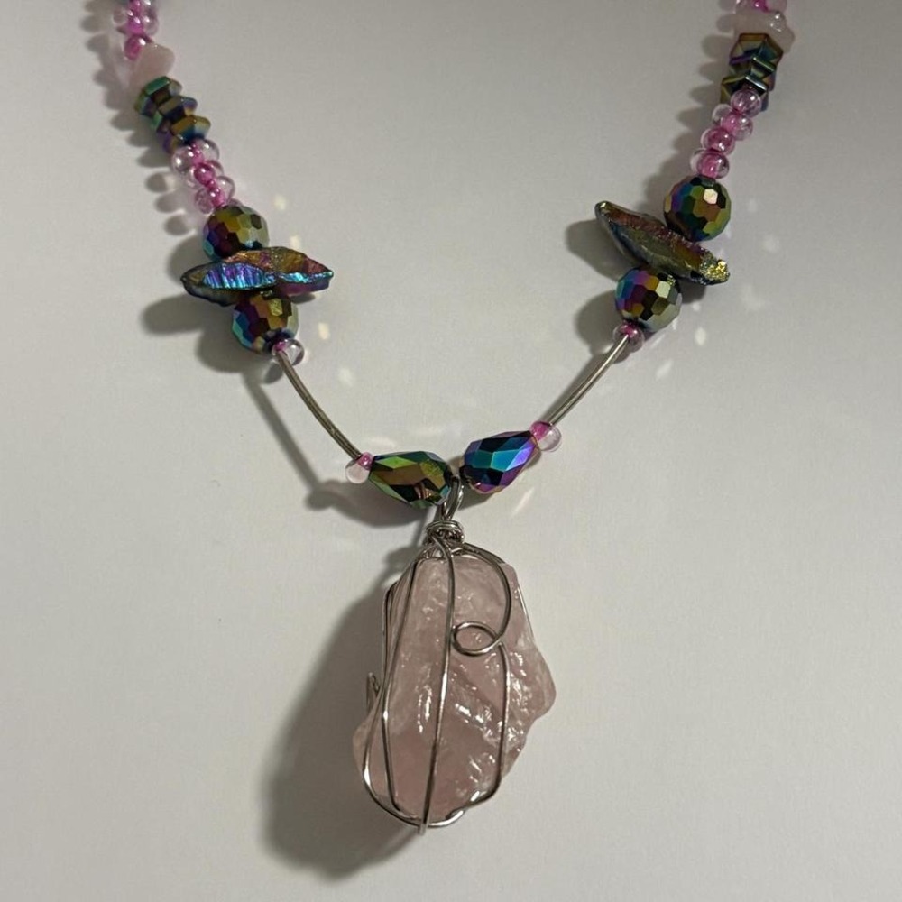 New Handmade Rose‎ Quartz Boho artsy glass bead crystal Necklace